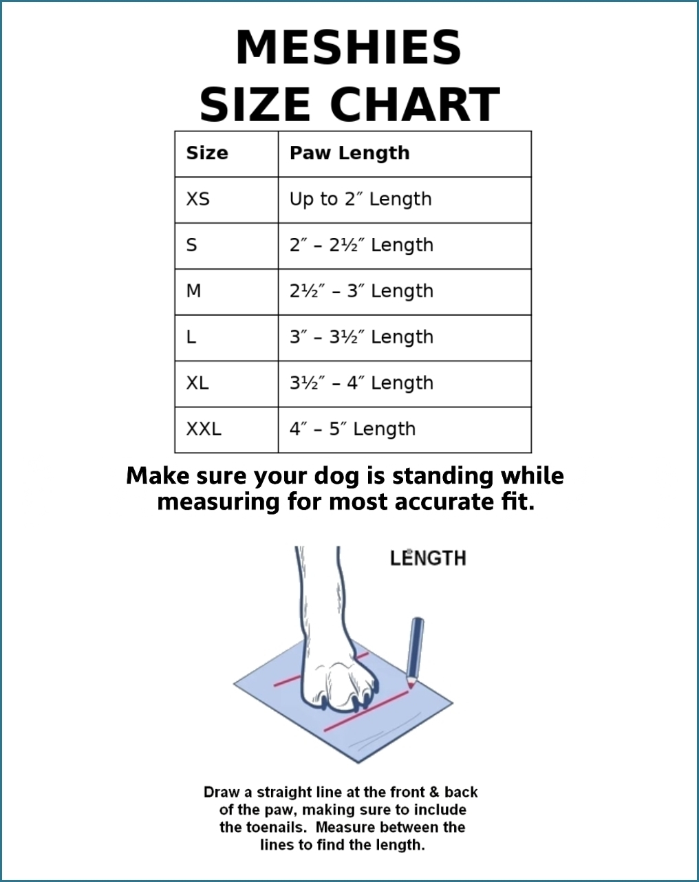 Meshies Size Chart