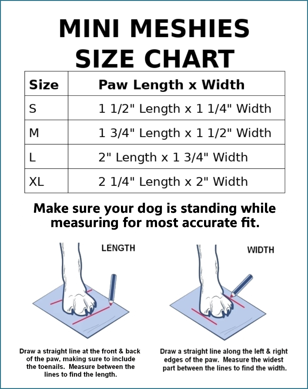Mini Meshies Size Chart