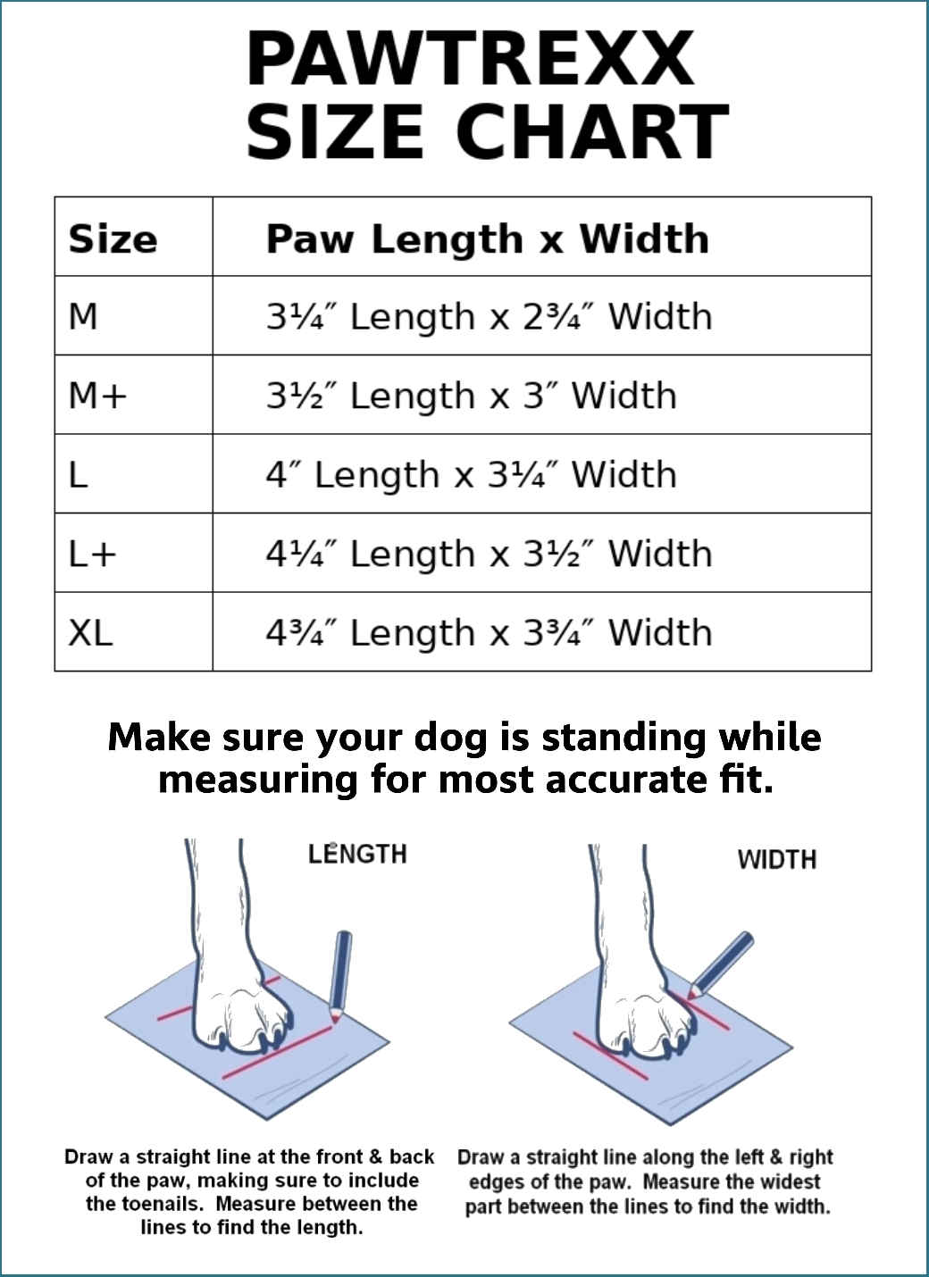 Pawtrexx Size Chart