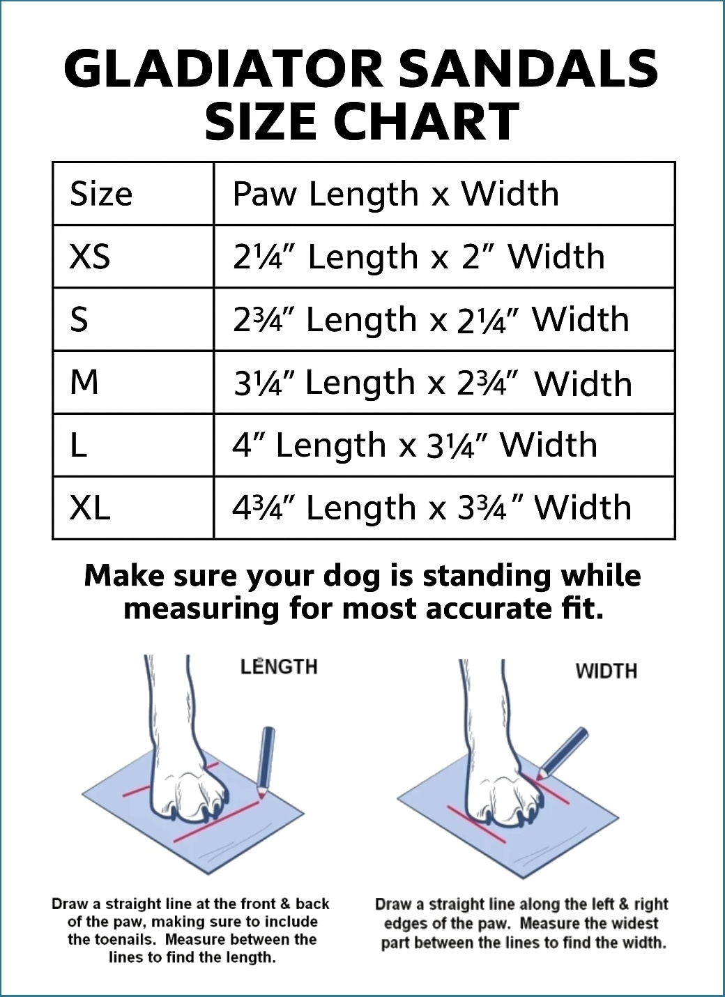 Dog Sandals Size Chart