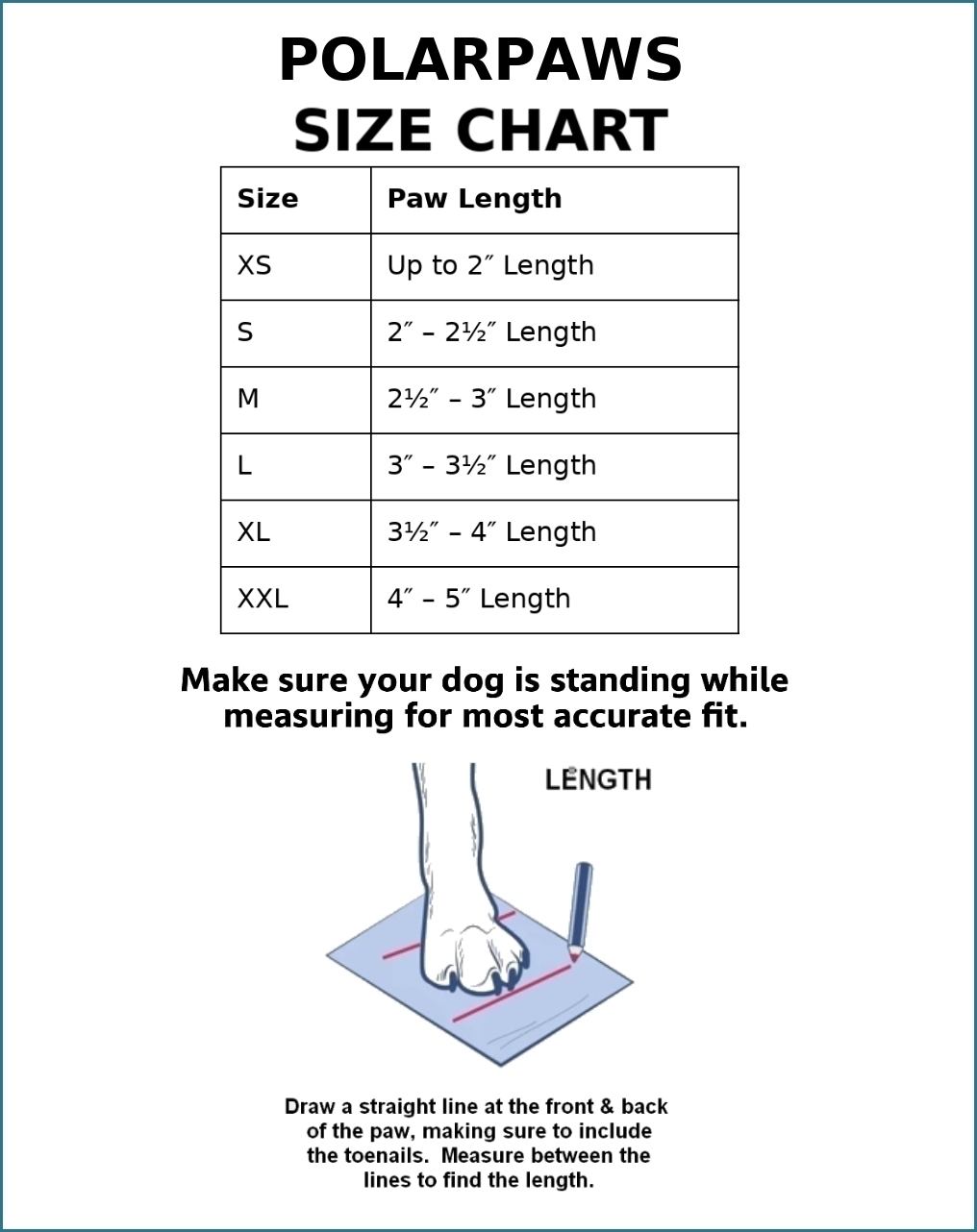 PolarPaws Size Chart