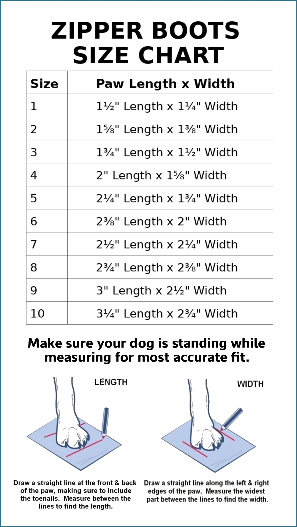 Zipper Boots Size Chart