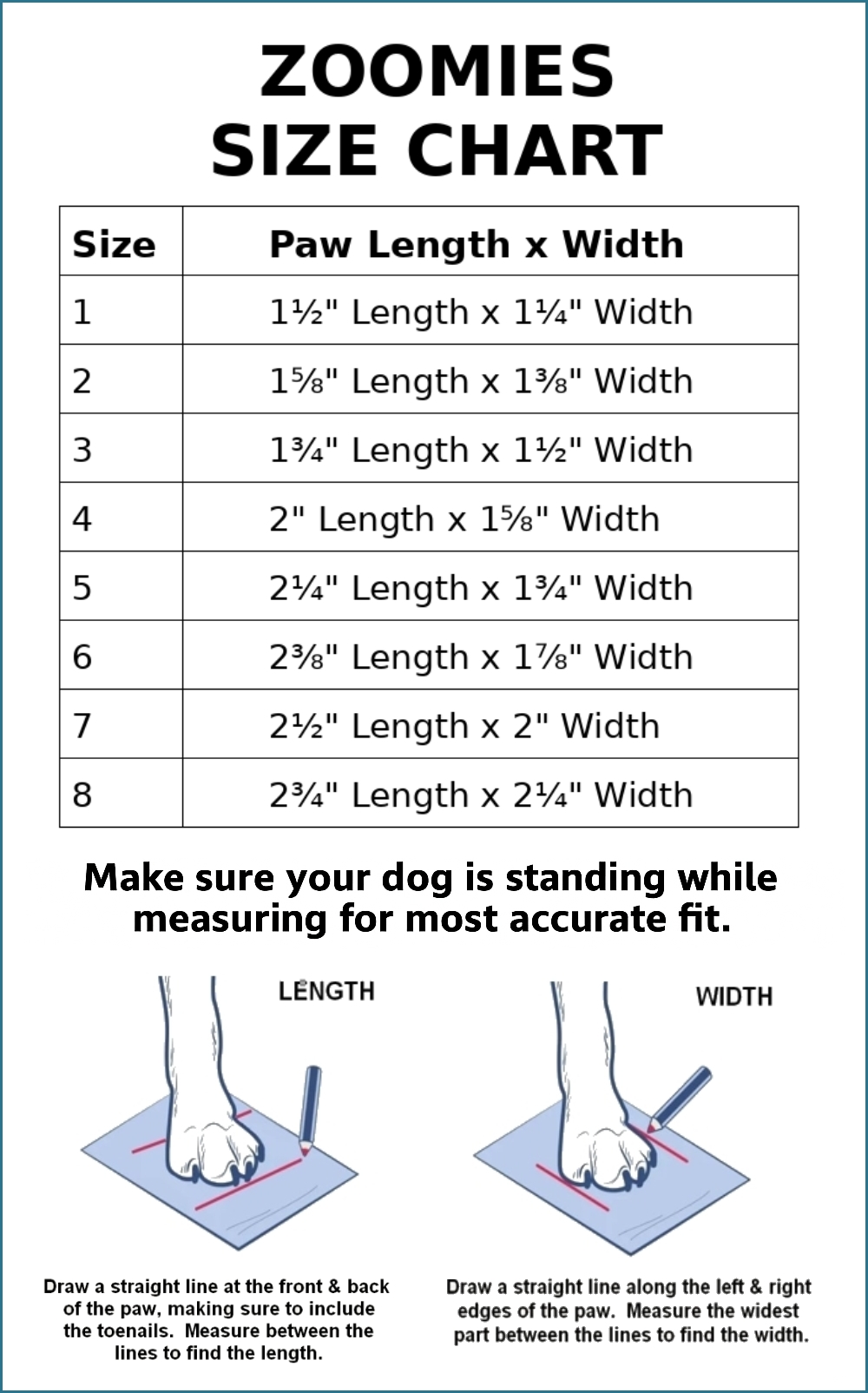 Zoomies Size Chart